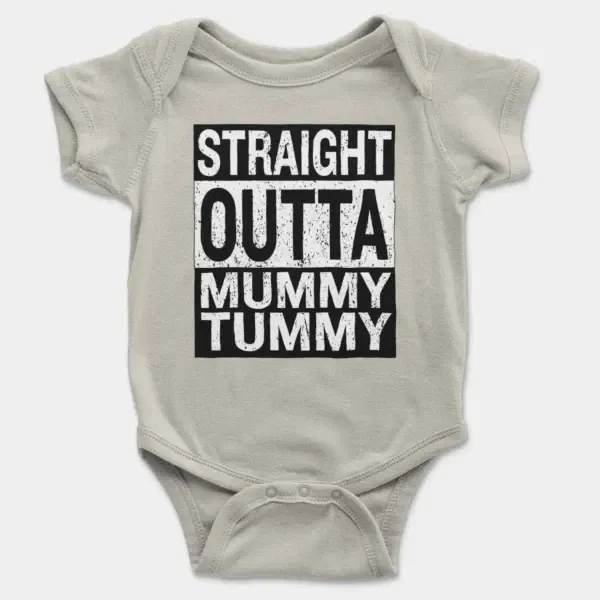 Straight Outta Mummy Tummy Short Sleeve Baby Onesie in Ash Color