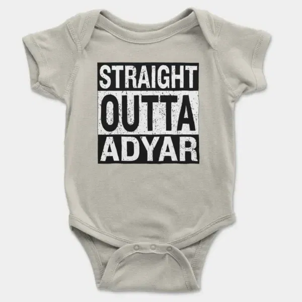 Straight Outta Adyar Short Sleeve Baby Onesie in Ash Color