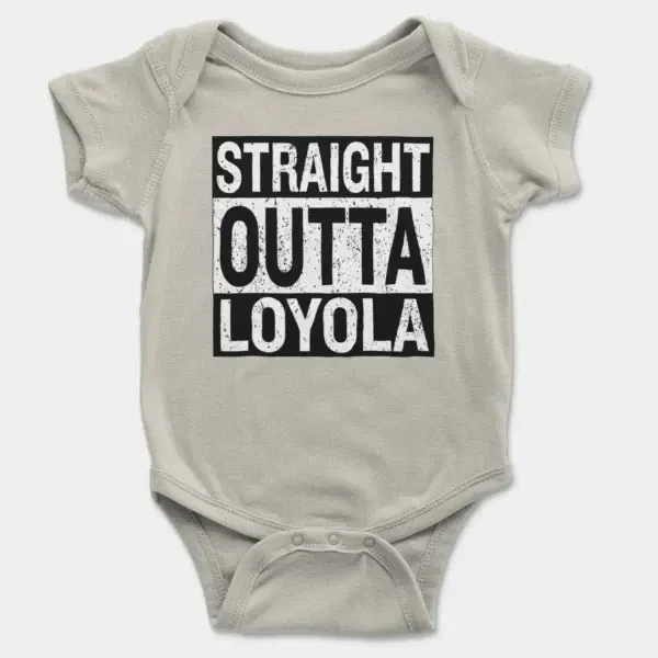 Straight Outta Loyola Short Sleeve Baby Onesie in Ash Color