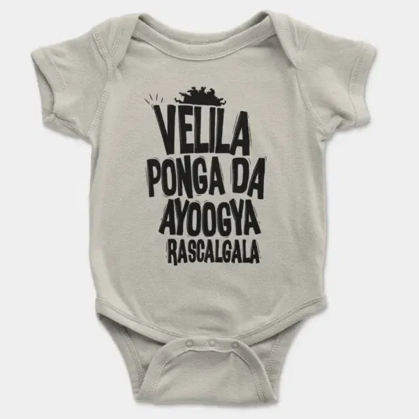 Velila Ponga Da Ayoogya Rascalgala Short Sleeve Baby Onesie in Ash Color