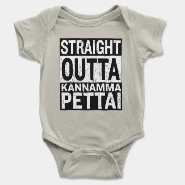 Straight Outta Kannamma Pettai Short Sleeve Baby Onesie in Ash Color