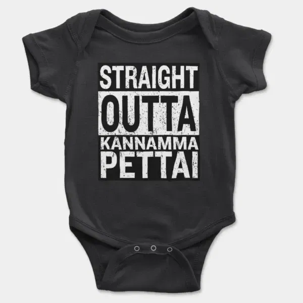 Straight Outta Kannamma Pettai Short Sleeve Baby Onesie in Black Color