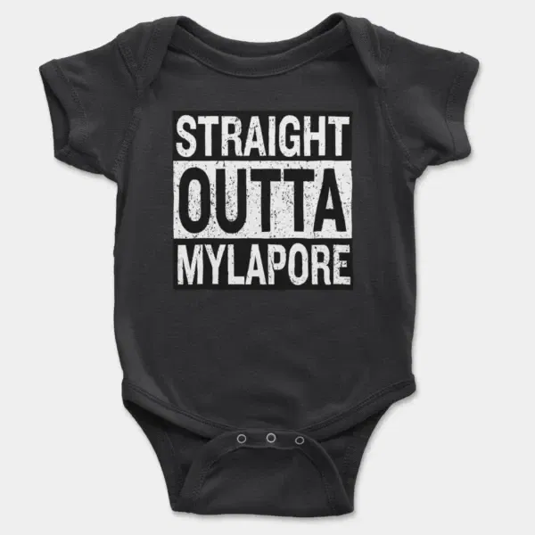 Straight Outta Mylapore Short Sleeve Baby Onesie in Black Color