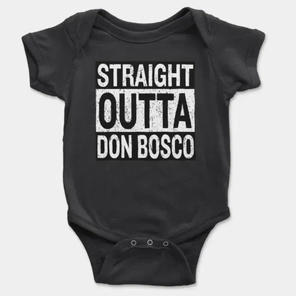 Straight Outta Don Bosco Short Sleeve Baby Onesie in Black Color