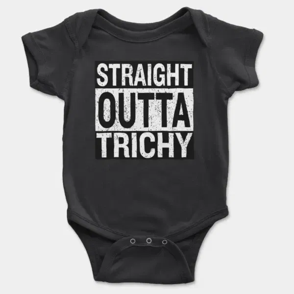 Straight Outta Trichy Short Sleeve Baby Onesie in Black Color