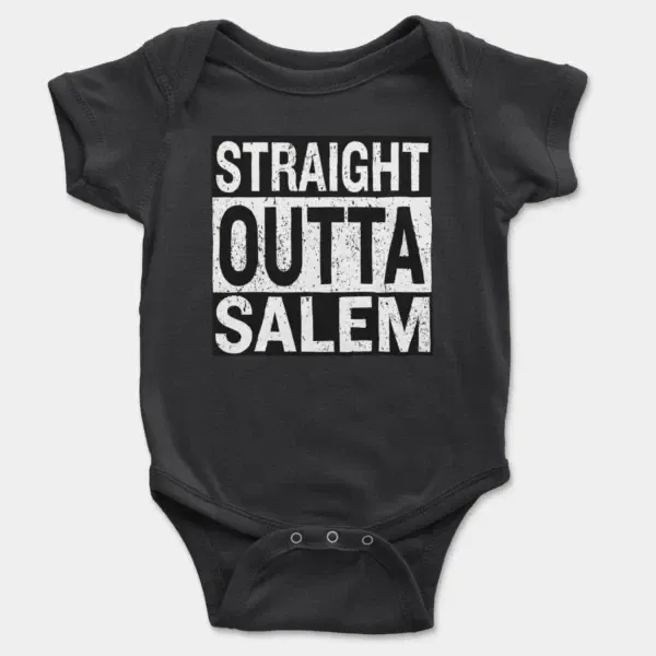 Straight Outta Salem Short Sleeve Baby Onesie in Black Color