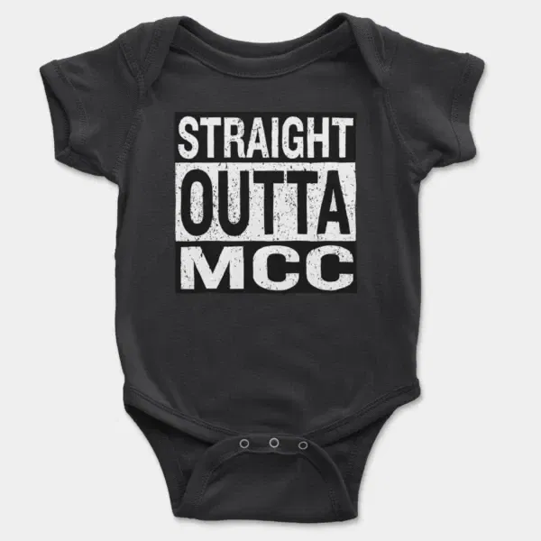 Straight Outta Mcc Short Sleeve Baby Onesie in Black Color