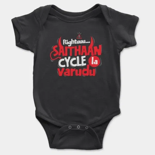 Rightuuu.. Saithaan Cycle La Varudhu Short Sleeve Baby Onesie in Black Color