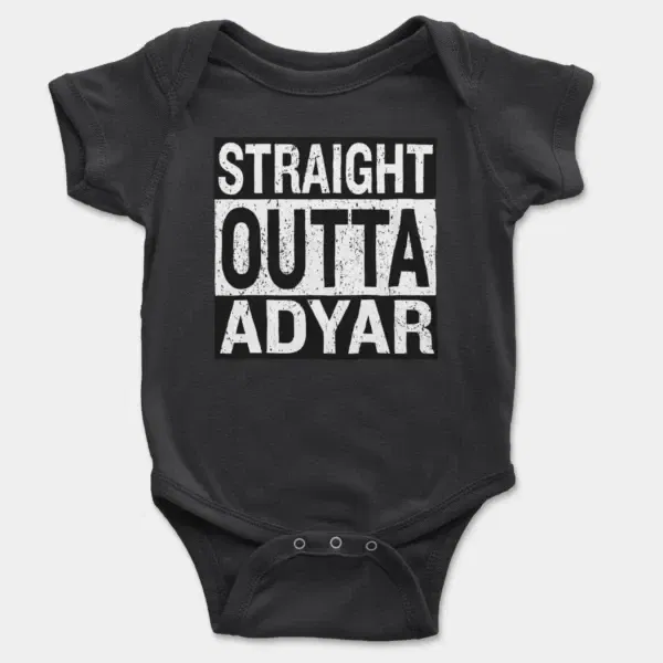 Straight Outta Adyar Short Sleeve Baby Onesie in Black Color