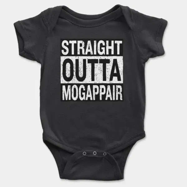 Straight Outta Mogappair Short Sleeve Baby Onesie in Black Color