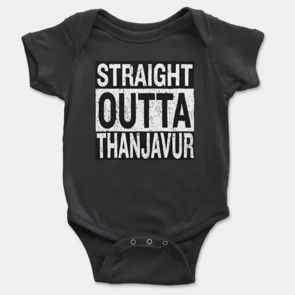 Straight Outta Thanjavur Short Sleeve Baby Onesie in Black Color