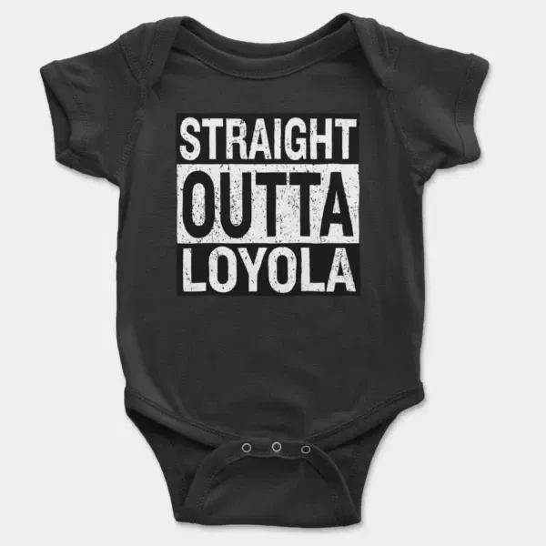 Straight Outta Loyola Short Sleeve Baby Onesie in Black Color