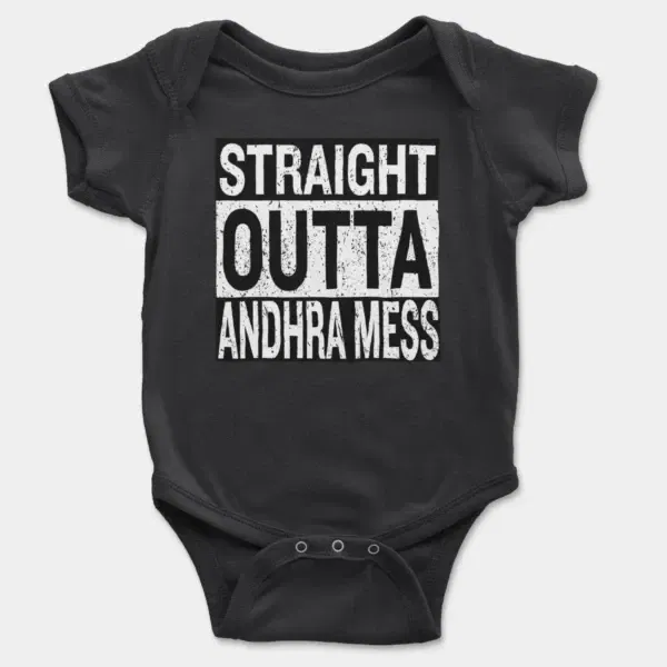 Straight Outta Andhra Mess Short Sleeve Baby Onesie in Black Color