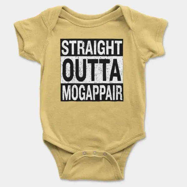 Straight Outta Mogappair Short Sleeve Baby Onesie in Butter Color