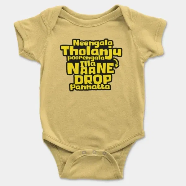 Neengala Tholanju Poorengala Illa Naane Drop Pannatta Short Sleeve Baby Onesie in Butter Color