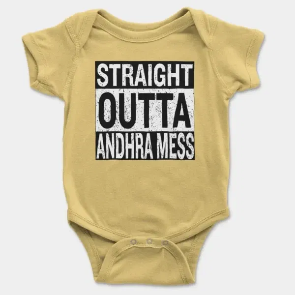 Straight Outta Andhra Mess Short Sleeve Baby Onesie in Butter Color