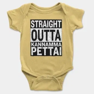 Straight Outta Kannamma Pettai Short Sleeve Baby Onesie in Butter Color