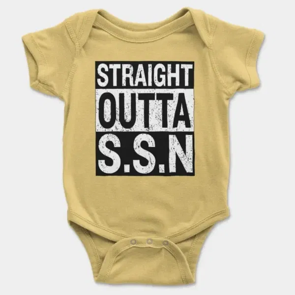 Straight Outta Ssn University Short Sleeve Baby Onesie in Butter Color