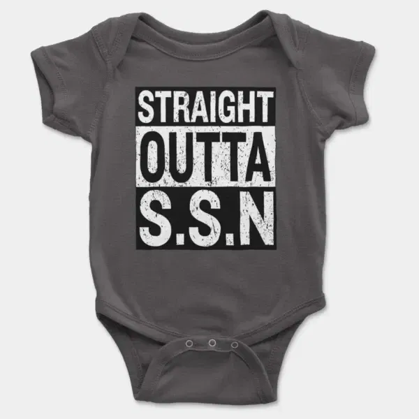 Straight Outta Ssn University Short Sleeve Baby Onesie in Charcoal Color