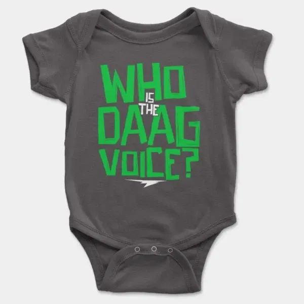 Who Is The Daag Voice Short Sleeve Baby Onesie in Charcoal Color