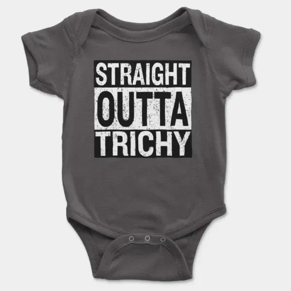 Straight Outta Trichy Short Sleeve Baby Onesie in Charcoal Color