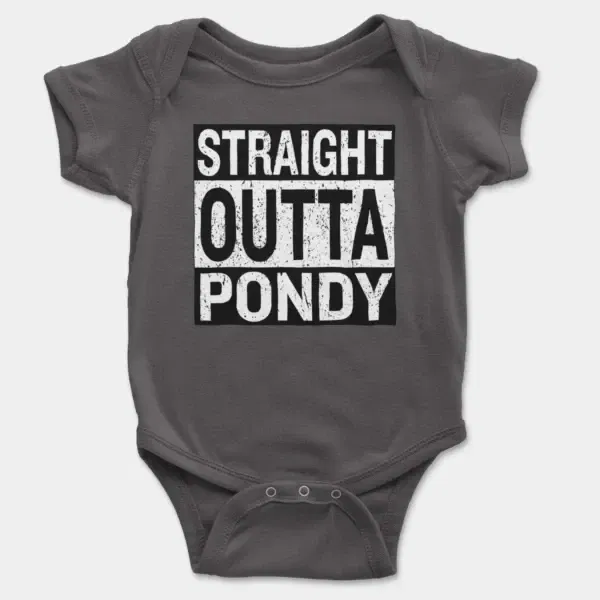 Straight Outta Pondy Short Sleeve Baby Onesie in Charcoal Color