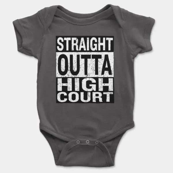 Straight Outta High Court Short Sleeve Baby Onesie in Charcoal Color