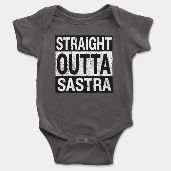 Straight Outta Sastra Short Sleeve Baby Onesie in Charcoal Color