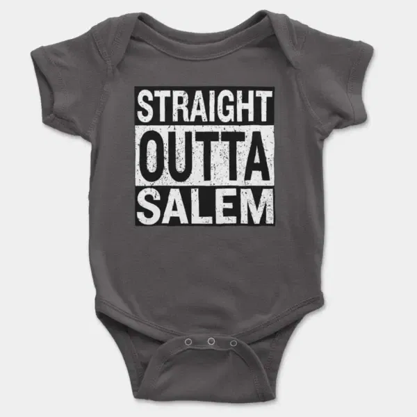 Straight Outta Salem Short Sleeve Baby Onesie in Charcoal Color