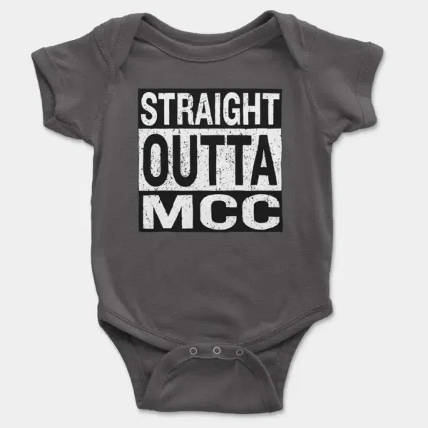 Straight Outta Mcc Short Sleeve Baby Onesie in Charcoal Color