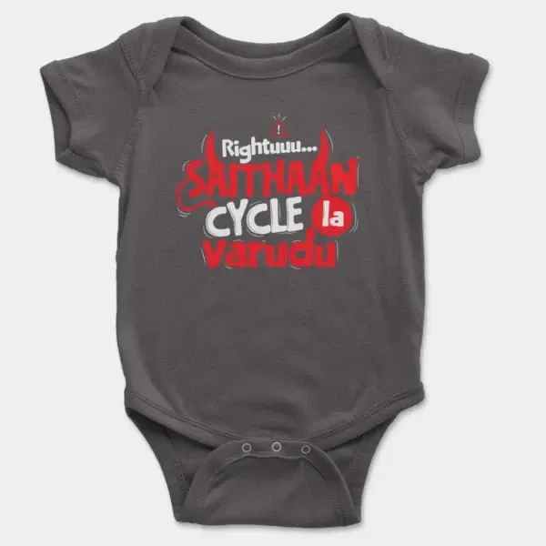 Rightuuu.. Saithaan Cycle La Varudhu Short Sleeve Baby Onesie in Charcoal Color