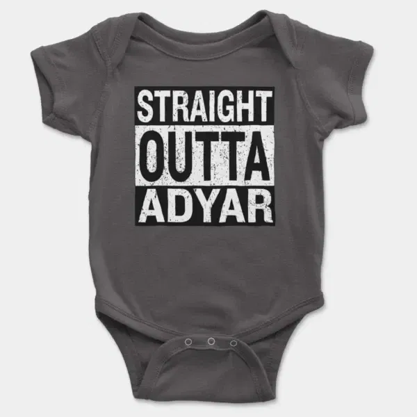 Straight Outta Adyar Short Sleeve Baby Onesie in Charcoal Color