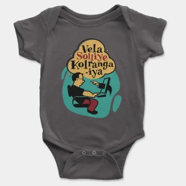 Vela Soliye Kolrangaiya Short Sleeve Baby Onesie in Charcoal Color