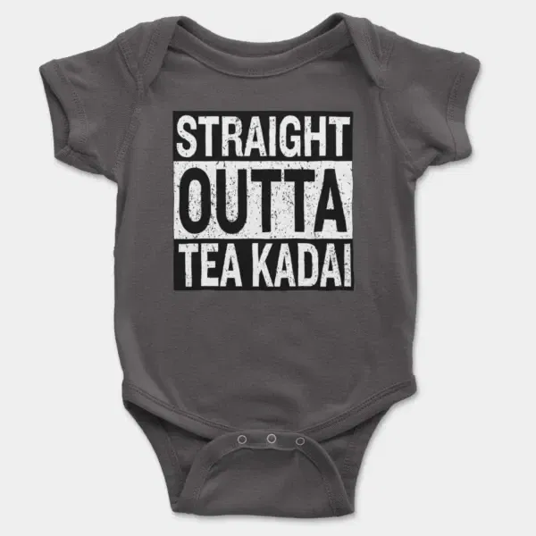 Straight Outta Tea Kadai Short Sleeve Baby Onesie in Charcoal Color