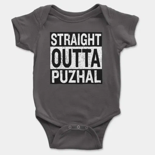 Straight Outta Puzhal Short Sleeve Baby Onesie in Charcoal Color