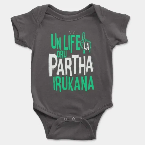 Un Life La Oru Partha Irukana Short Sleeve Baby Onesie in Charcoal Color