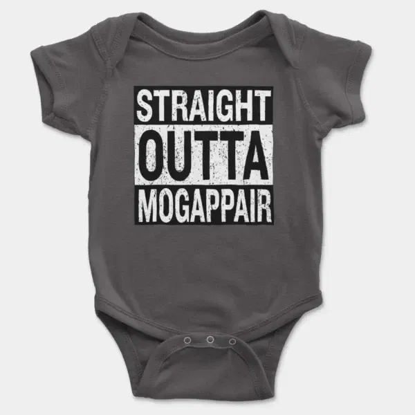 Straight Outta Mogappair Short Sleeve Baby Onesie in Charcoal Color