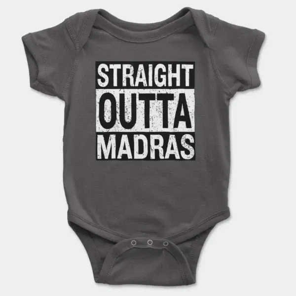 Straight Outta Madras Short Sleeve Baby Onesie in Charcoal Color