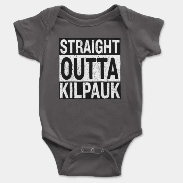 Straight Outta Kilpauk Short Sleeve Baby Onesie in Charcoal Color