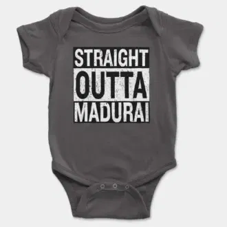 Straight Outta Madurai Short Sleeve Baby Onesie in Charcoal Color