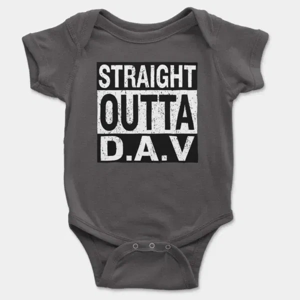 Straight Outta Dav Short Sleeve Baby Onesie in Charcoal Color