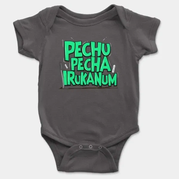 Pechu Pecha Irrukanum Short Sleeve Baby Onesie in Charcoal Color