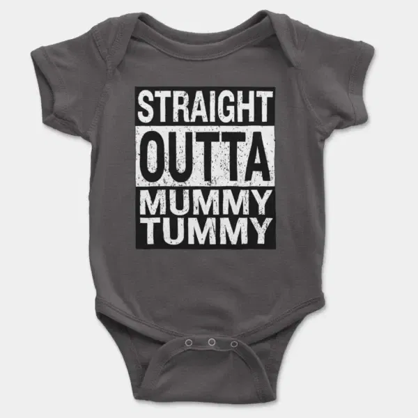 Straight Outta Mummy Tummy Short Sleeve Baby Onesie in Charcoal Color