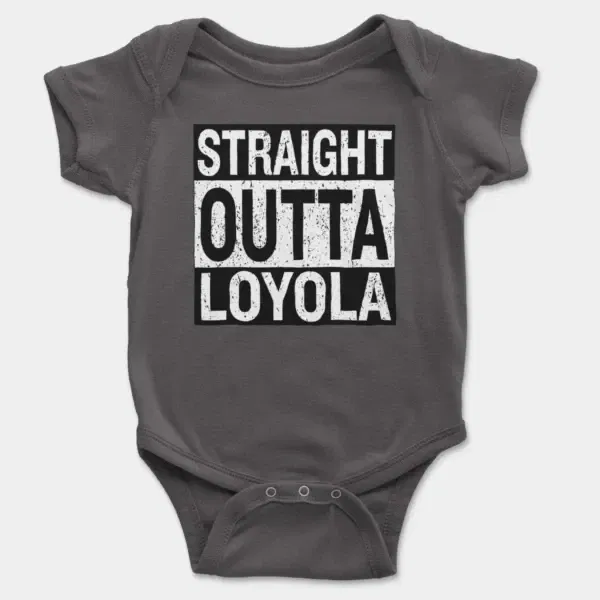 Straight Outta Loyola Short Sleeve Baby Onesie in Charcoal Color