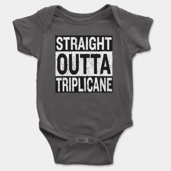 Straight Outta Triplicane Short Sleeve Baby Onesie in Charcoal Color