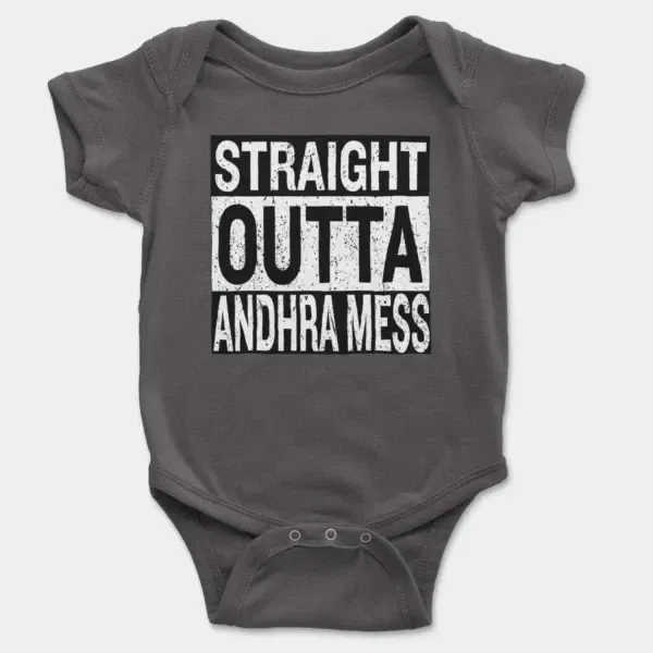 Straight Outta Andhra Mess Short Sleeve Baby Onesie in Charcoal Color