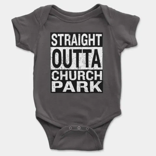 Straight Outta Church Park Short Sleeve Baby Onesie in Charcoal Color