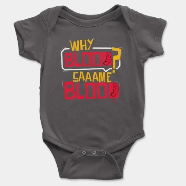 Why Blood Same Blood Short Sleeve Baby Onesie in Charcoal Color