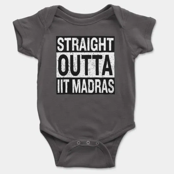 Straight Outta Iit Madras Short Sleeve Baby Onesie in Charcoal Color