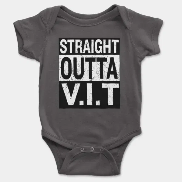 Straight Outta Vit Short Sleeve Baby Onesie in Charcoal Color